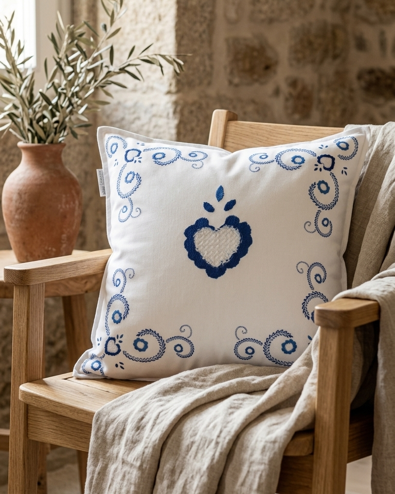 Capa de almofada com bordado de amor, estampada, em poliéster e algodão, fabricada em Portugal