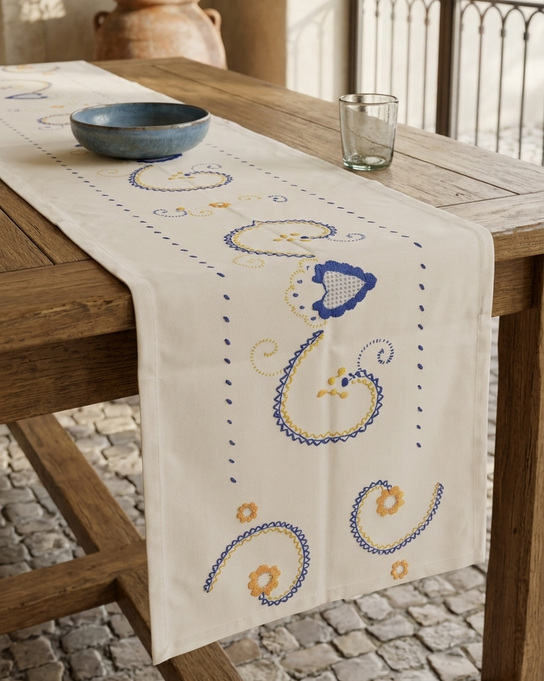 Caminho de Mesa Arte de Viana estampado de 160x50 cm fabricado em Portugal com tecido 65% poliéster e 35% algodão