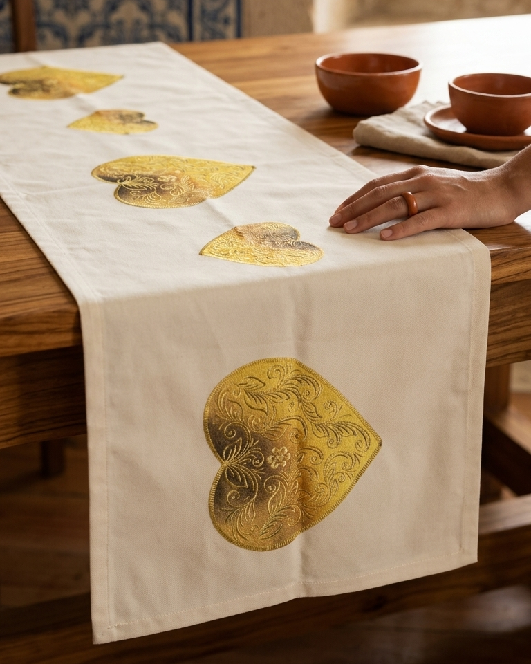 Caminho de mesa Borboleta Dourada em tecido estampado resistente, 160x50 cm, decorativo e fabricado em Portugal.