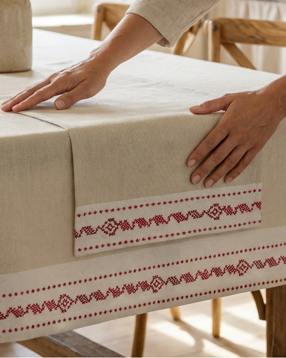Caminho de mesa Ponto a Ponto estampado de alta qualidade fabricado em Portugal com tecido composto por poliéster e algodão.