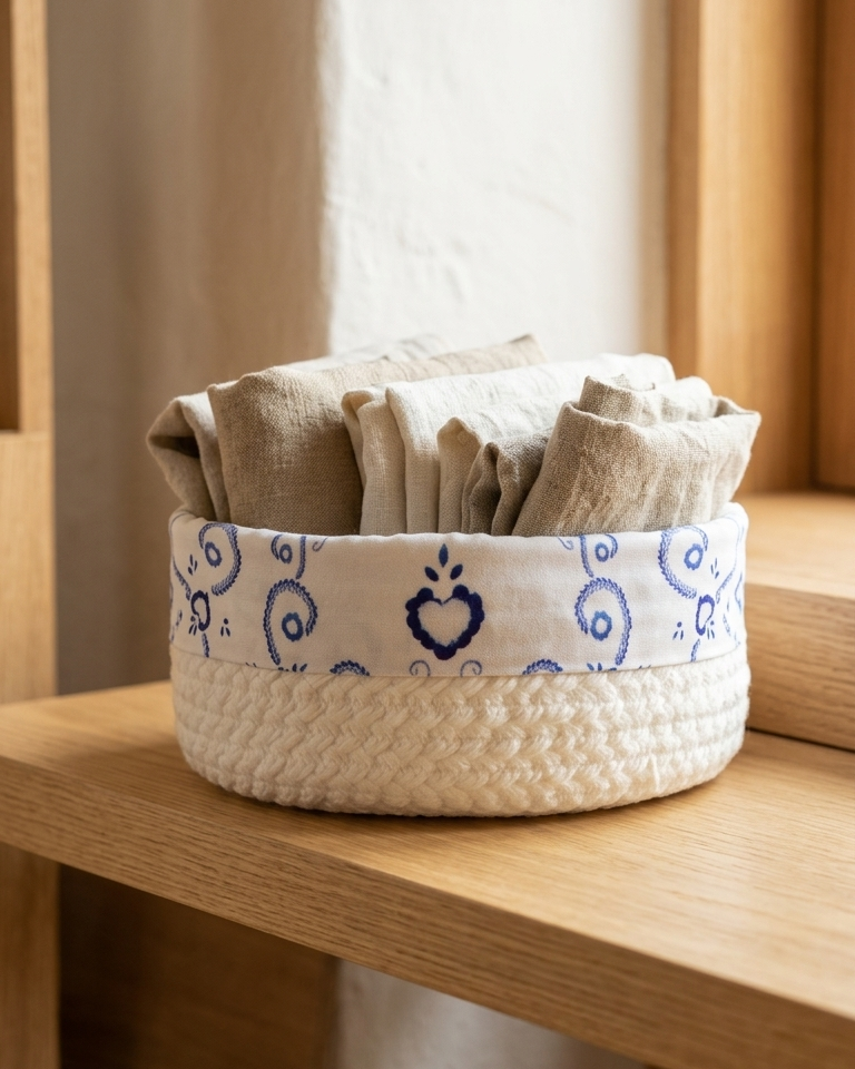 Amor Bordado textile basket in mixed fibres with a blue printed border