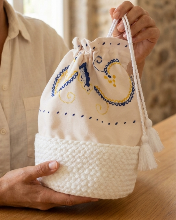 Cesto do Pão Vianesa artesanal em fibras diversas e poliéster algodão, fabricado em Portugal