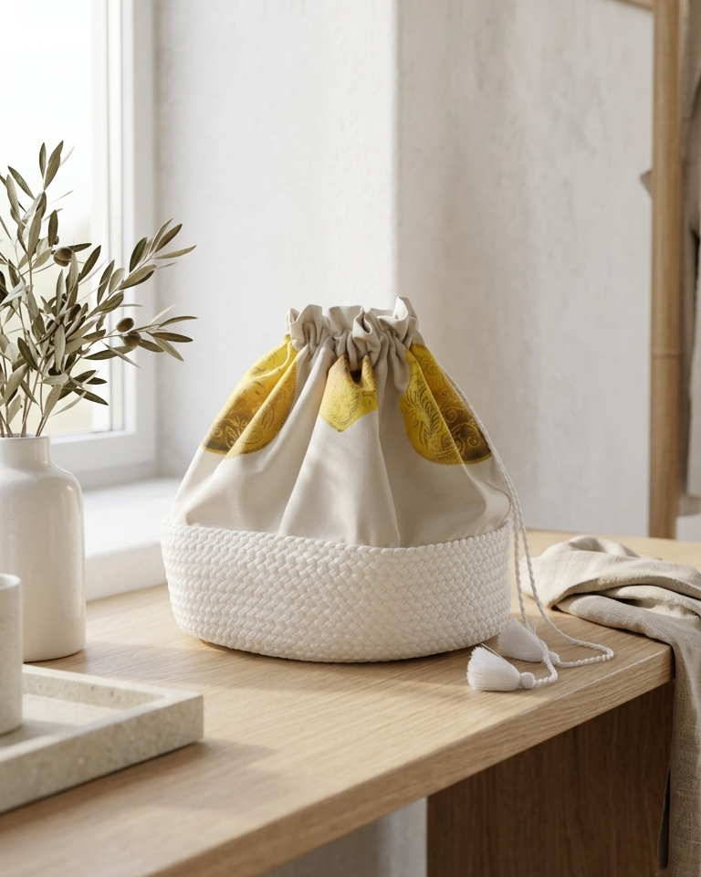 Cesto do pão Vianesa dourado feito manualmente em Portugal com fibras diversas e algodão-polyester