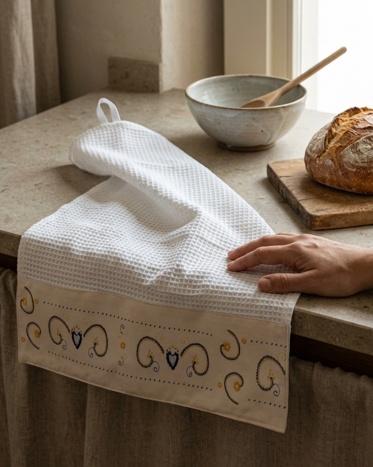 Pano de cozinha branco com aplicação estampada inspirado na Arte de Viana, 100% algodão, fabricado em Portugal.