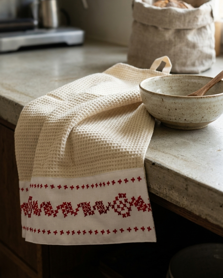 Pano de cozinha branco em algodão com aplicação estampada, fabricado em Portugal