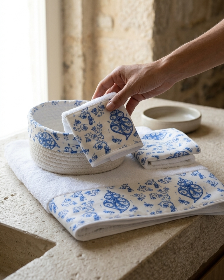 Conjunto de toalhas de banho Traços de Viana fabricado em Portugal com algodão e poliéster multicolor.
