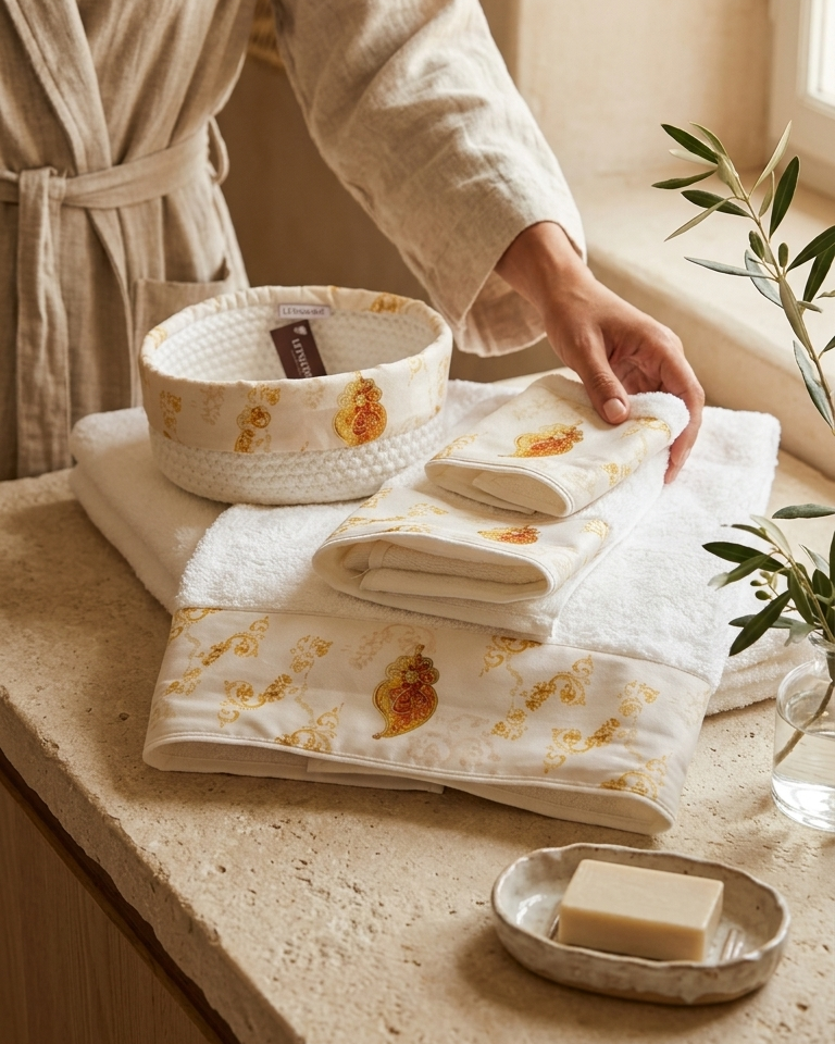 Conjunto de toalhas de banho Alma de Filigrana branco e multicolor fabricado em Portugal