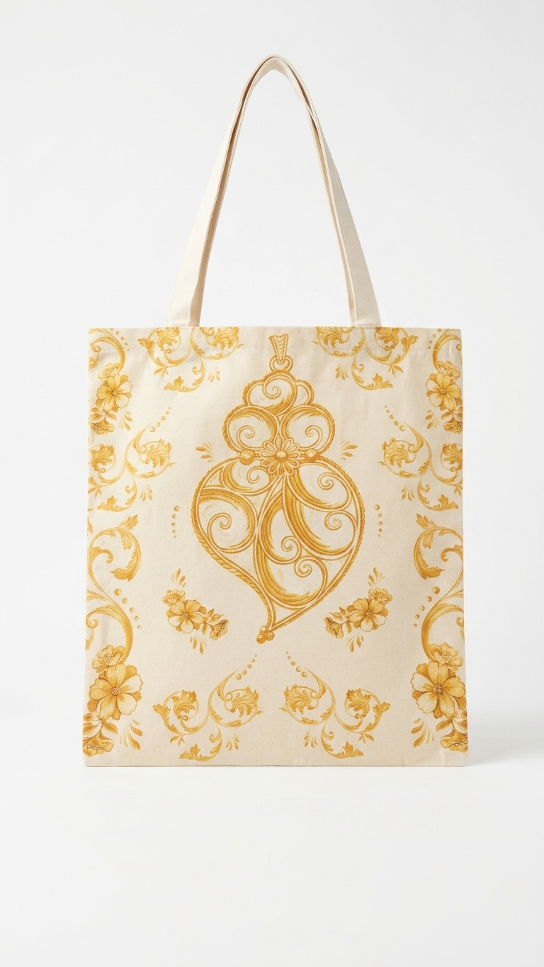 Tote Bag Traços de Viana em algodão 100% fabricada em Portugal, lavável a 40º com design estampado tradicional.