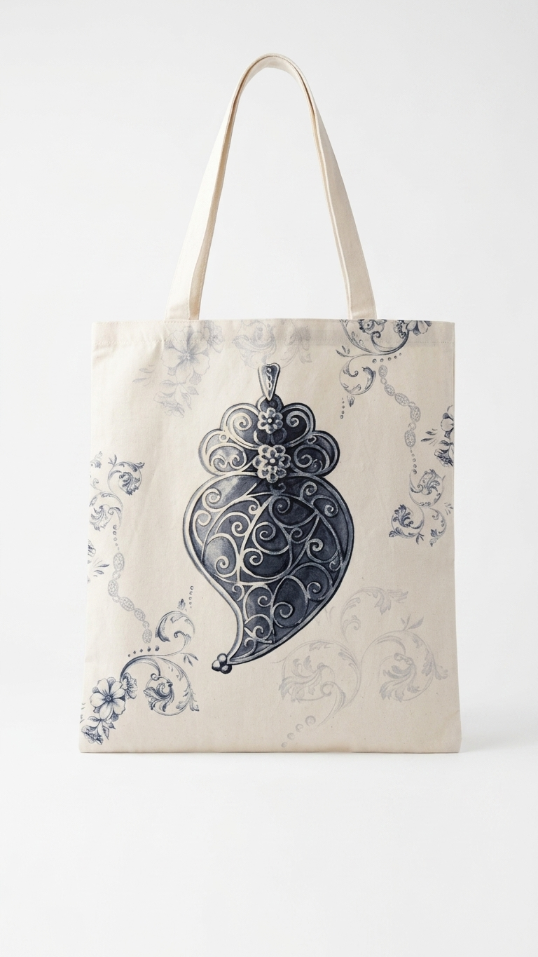 Tote Bag Alma de Filigrana em algodão 100% fabricado em Portugal, com estampado detalhado e instruções de lavagem específicas.