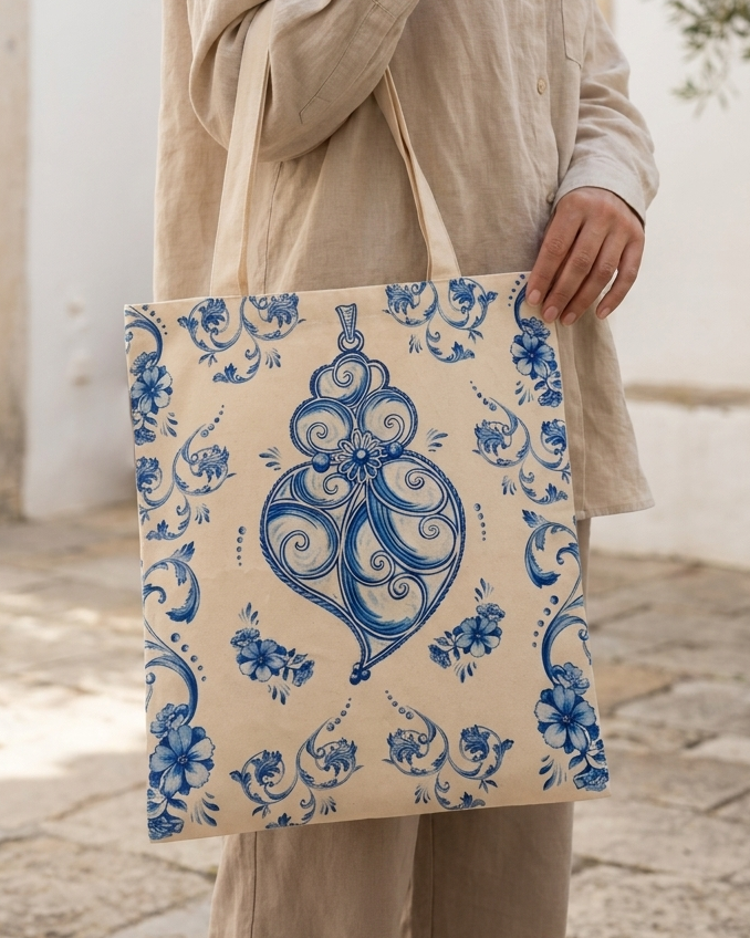 Tote Bag Traços de Viana estampado 100% algodão fabricado em Portugal com instruções de lavagem