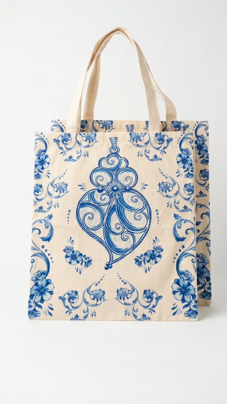 Tote Bag Traços de Viana em algodão 100% fabricada em Portugal com estampado tradicional e cuidados de lavagem.