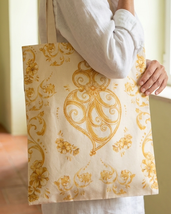 Tote Bag Traços em algodão com padrão tradicional de Viana do Castelo, fabricada em Portugal.