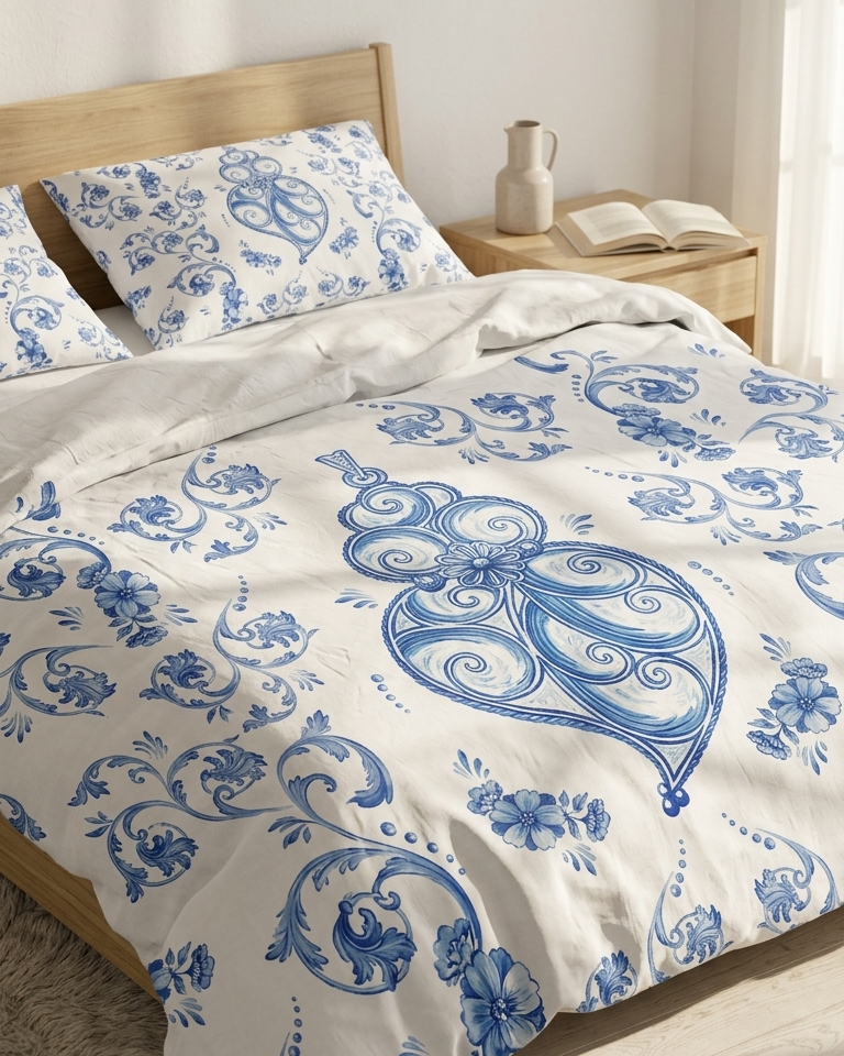 Colcha acolchoada Traços de Viana em algodão e poliéster, fabricada em Portugal, com estampado tradicional.