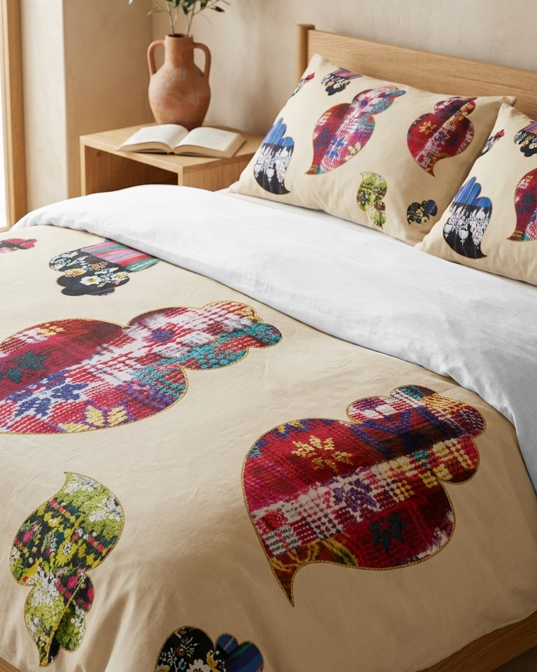 Colcha acolchoada Viana colorida com padrão estampado, fabricada em Portugal, composta por poliéster e algodão, ideal para decoração e conforto.