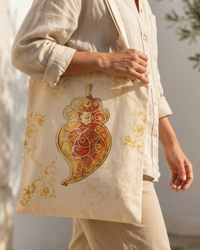 Tote Bag Alma de Filigrana em algodão 100% fabricada em Portugal, estampada e com instruções de lavagem.