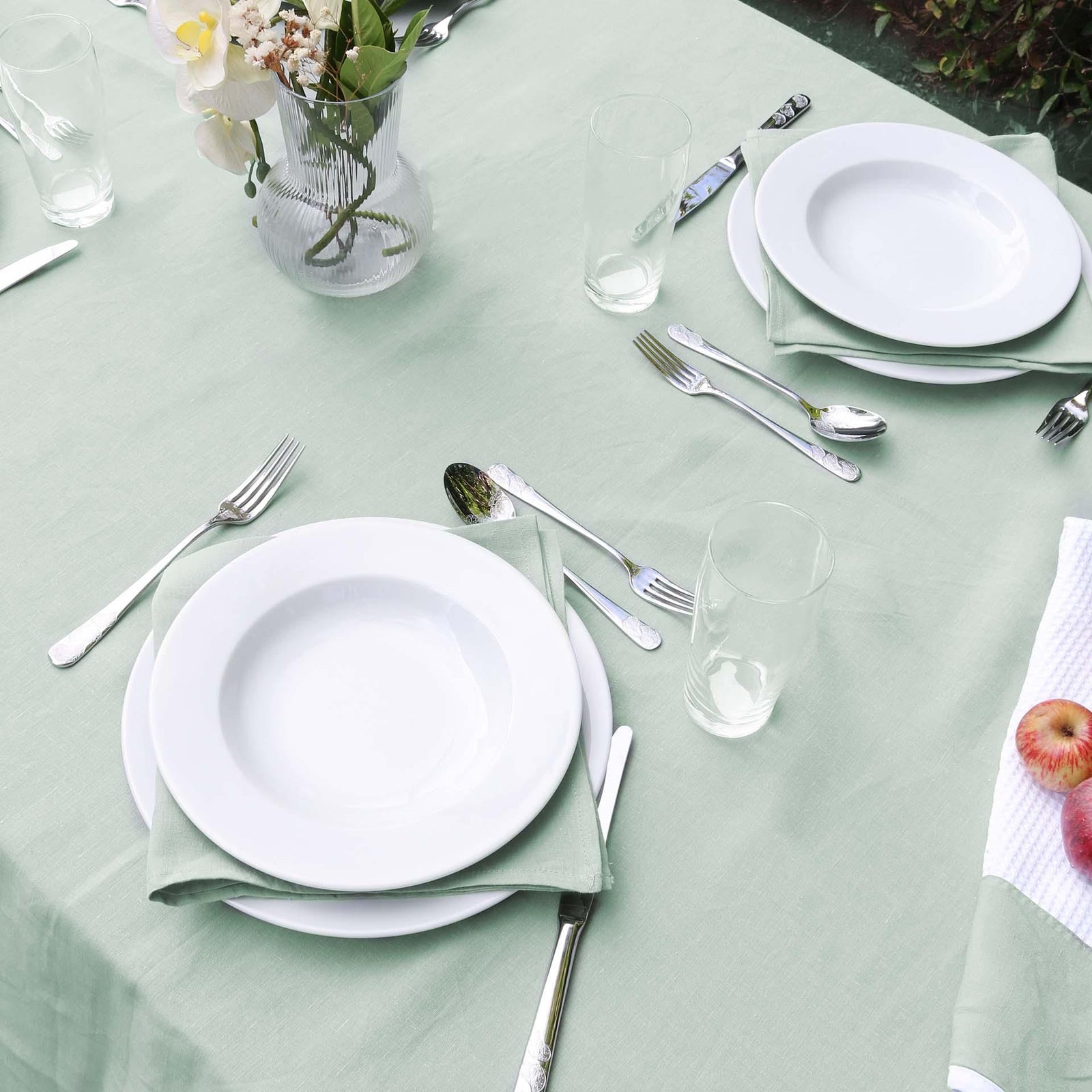 Mint Linen tablecloth on a set dining table